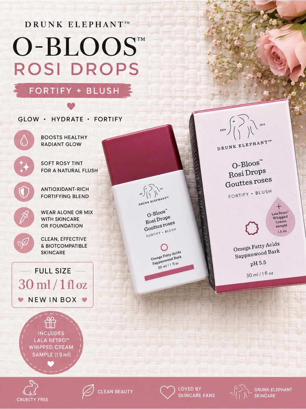Drunk Elephant O-Bloos Rosi Drops 1oz Fortify + Blush NIB Glow Serum